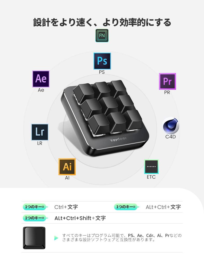 Vaydeer Programmable Keyboard, 9 Keys, Shortcut Keyboard, Gaming, One-Handed, Wired, Mechanical Keyboard, Macro Enabled, Compatible with Windows & Mac