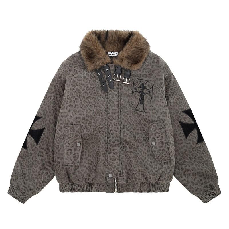 Magic Bear American Retro Leopard Print Padded Winter Cotton Jacket Couple Loose Fit Warm Coat