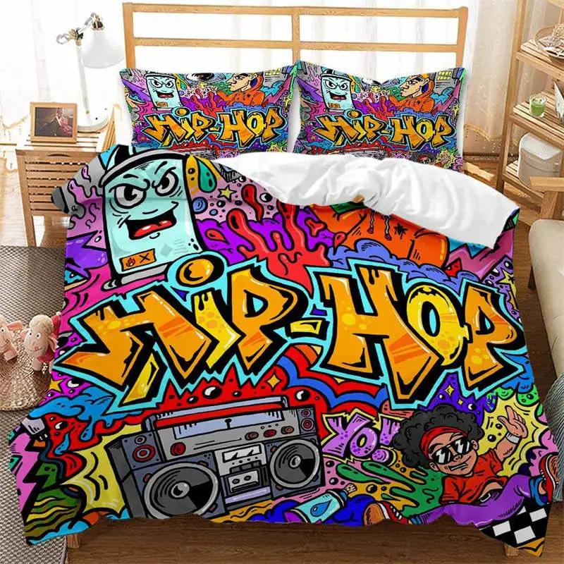 Graffiti Bettbezug Hip Hop Street Culture Print Bettwäscheset Mikrofaser Bunt Überlappende Blockige Buchstaben Kunst Bettdeckenbezug