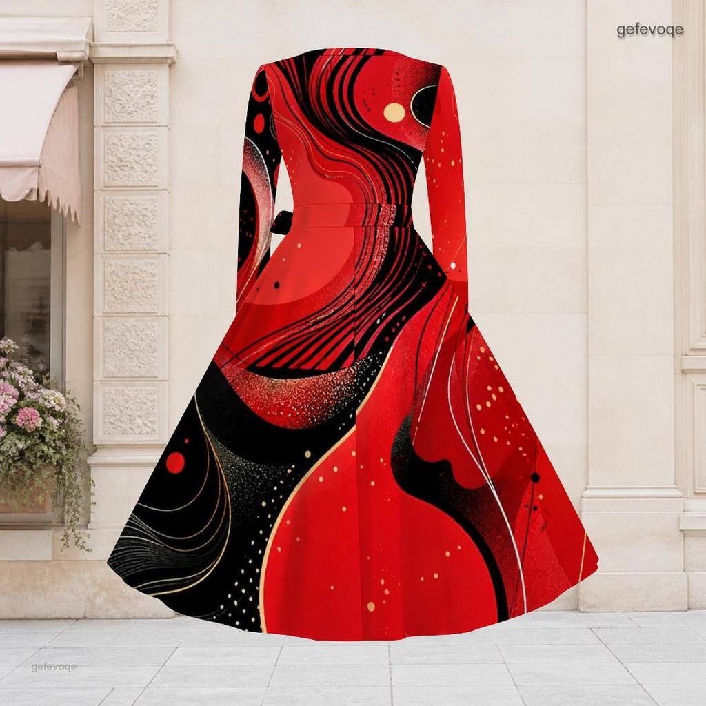Women Plus Size V Neck Long Sleeve Teal Brown Printed A Line Flared Dress With Belt