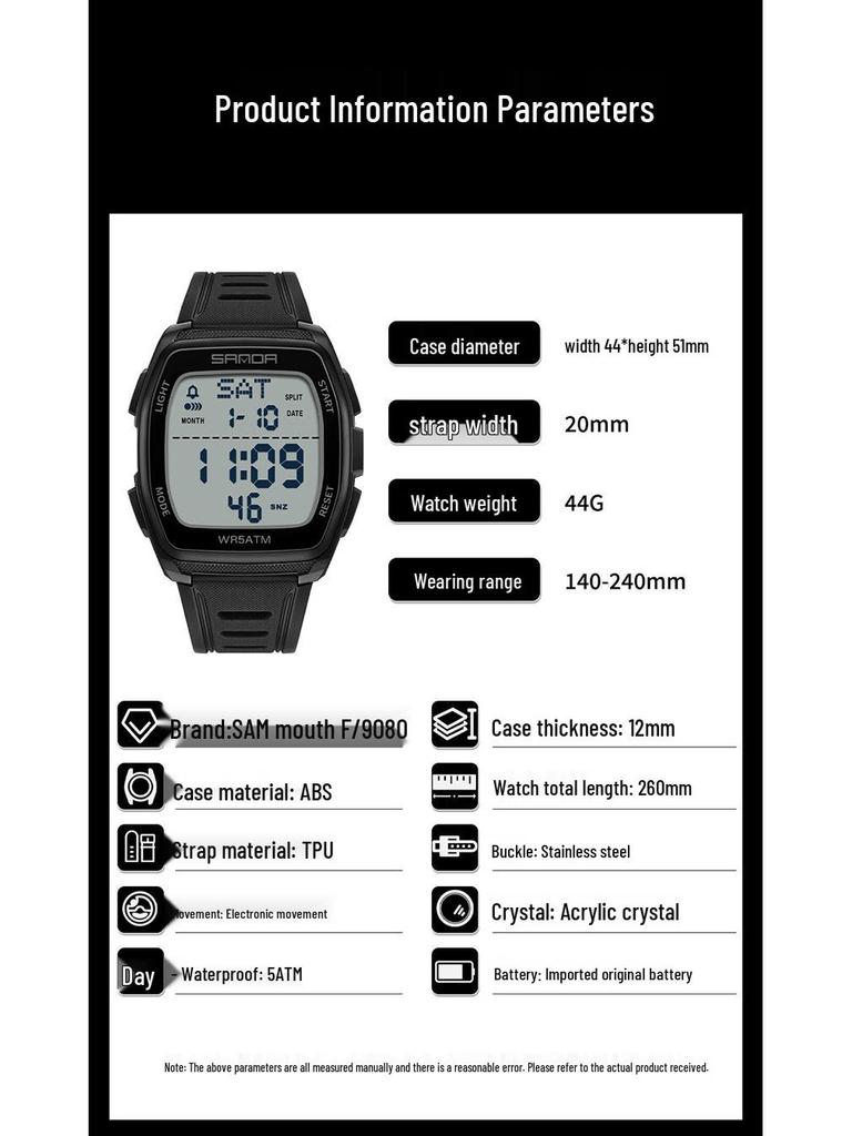 SANDA 9080 Men's Luminous Barrel-Shaped Sports Watch - Multifunctional, Waterproof, and Ideal for Student Parties.