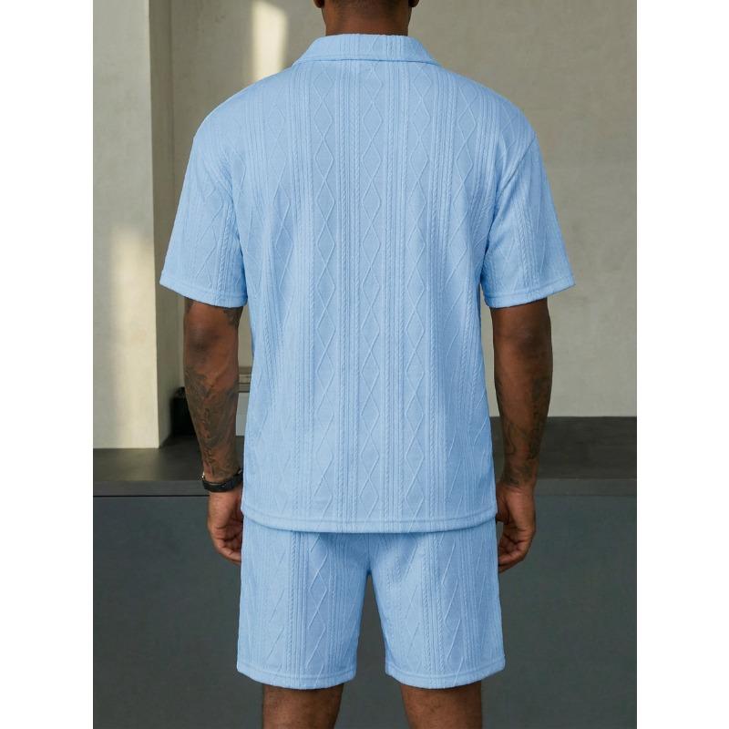 Men Cable Knit Texture 2 Piece Outfit Short Sleeve Polo Shirt And Casual Shorts Set