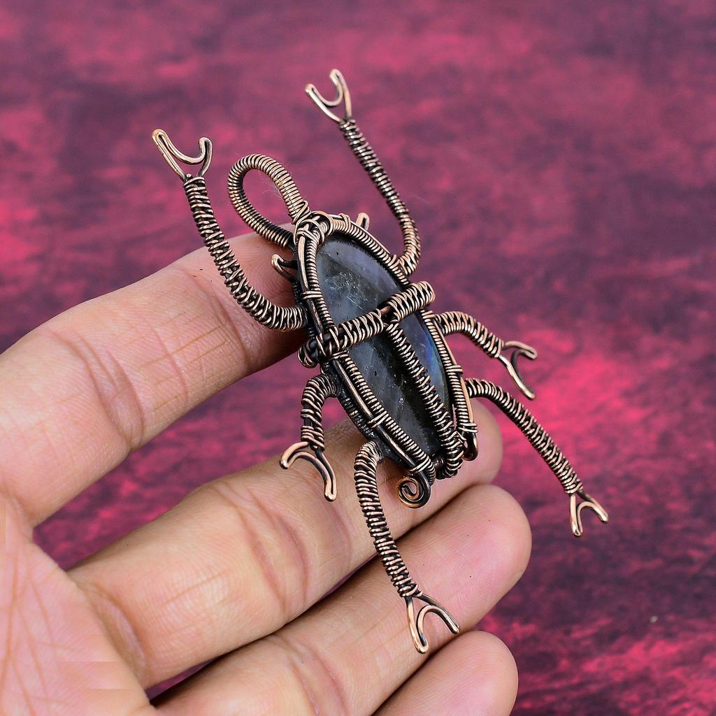 Labradorite Pendant Handmade Beetle Jewelry Copper Wire Wrapped Gemstone Pendant