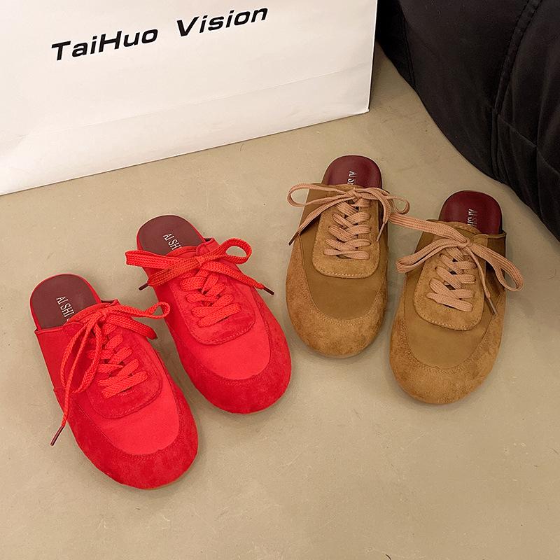 British spring 2025 new lace-up lazy one-pedal muller shoes cool slippers bag head half slippers women's outer wear