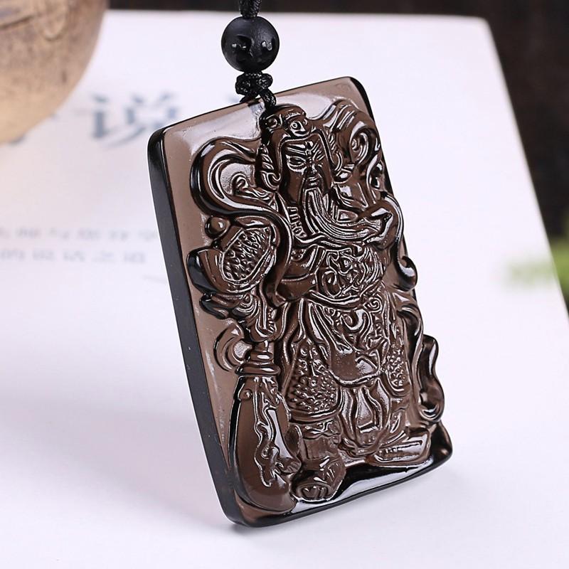 Natural Obsidian Guan Yu Pendant Necklace Men Hand-Carved Black Stone Amulet With Dragon Motif Chinese Cultural Style