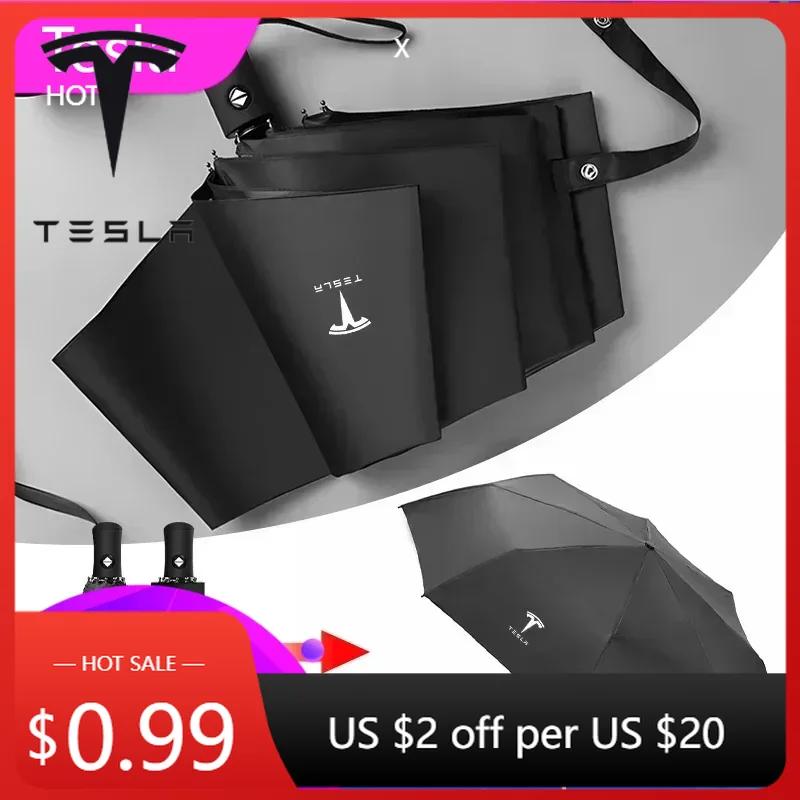 Car Sticker 2025 New Tesla Car Portable Automatic Folding Rain Umbrella For Tesla Emblem Model S Model X Model 3 Roadster Cybert