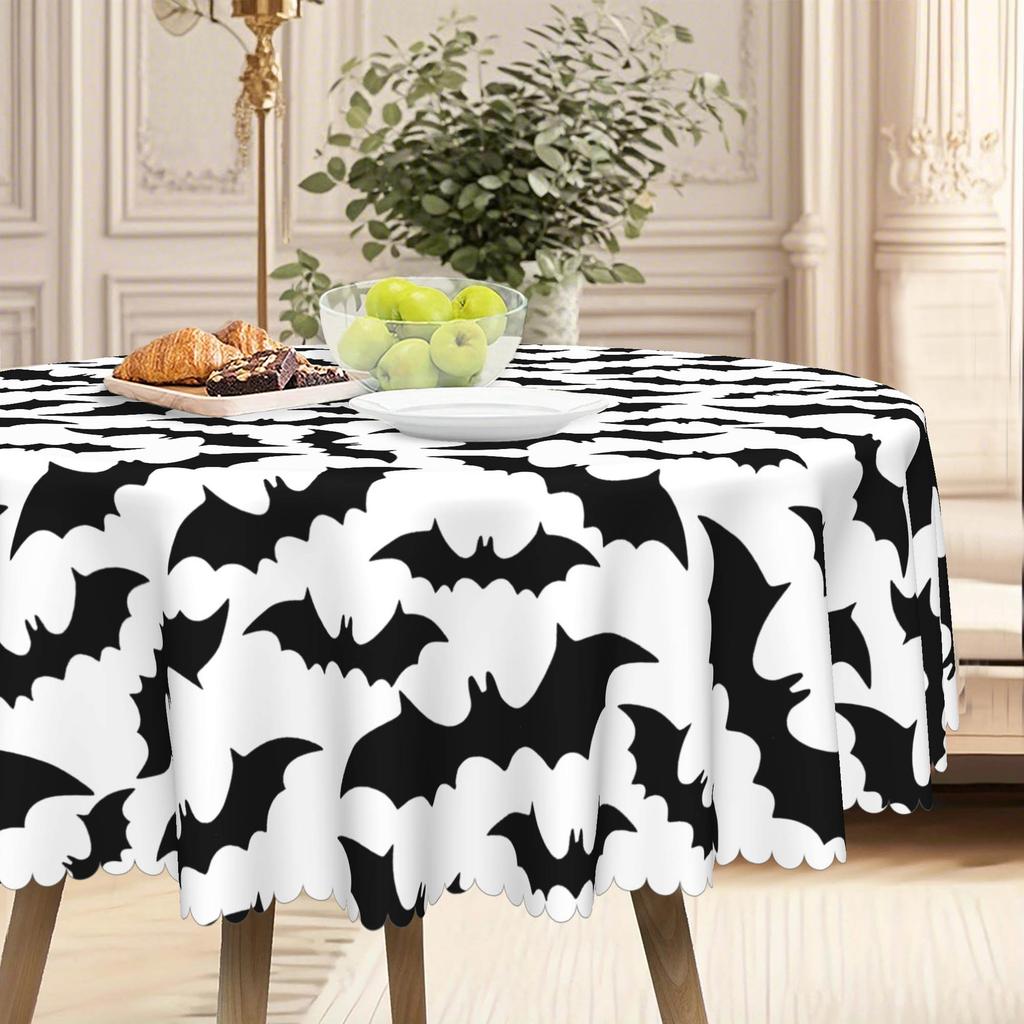 1 Halloween Bat Round Tablecloth, Black And White Tablecloth, For May 5Th, Party Decorating Tablecloth