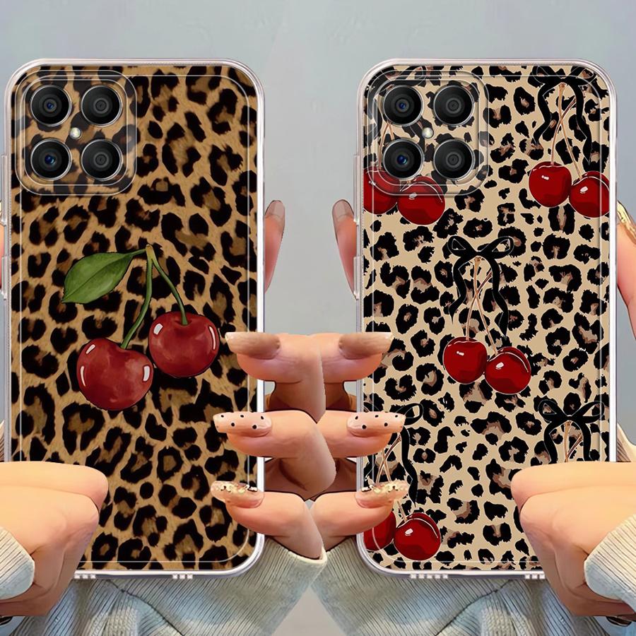 Leopard-patterned Cherry Soft Phone Cover Case for Honor X8a X8 X9a X8b X9b 90 Lite X7b