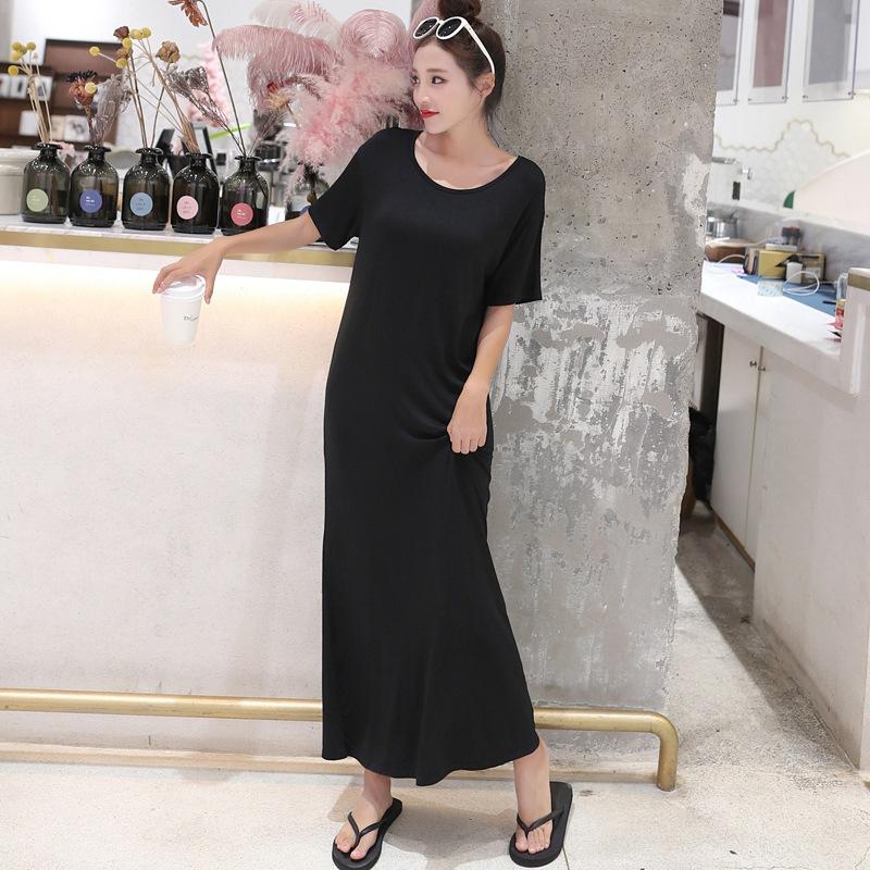 Women's Crew Neck Short Sleeve Modal Maxi Dress Loose Fit Korean Casual Solid Color A Line Long Summer Plus Size Slip Dress
