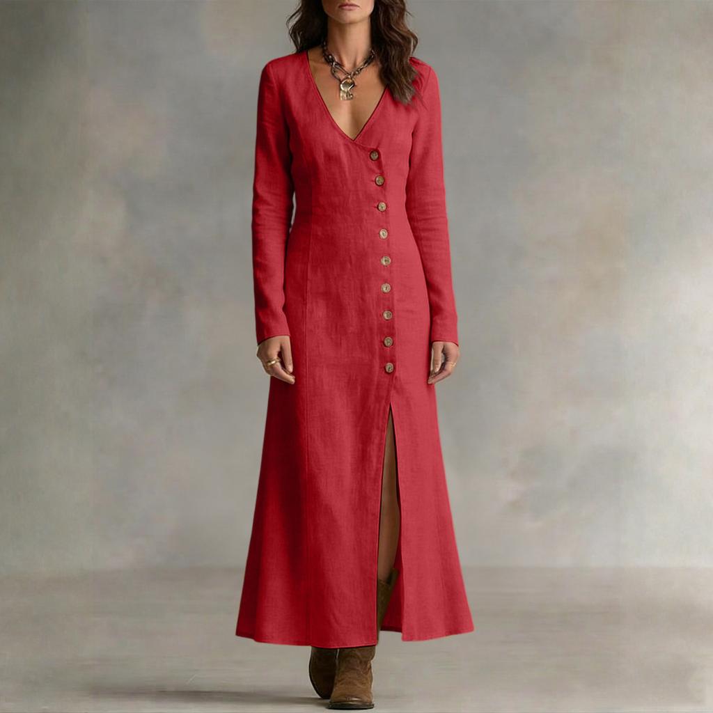 Women's Fashionable Casual Cotton-Linen Long-Sleeve Button-Down Dress