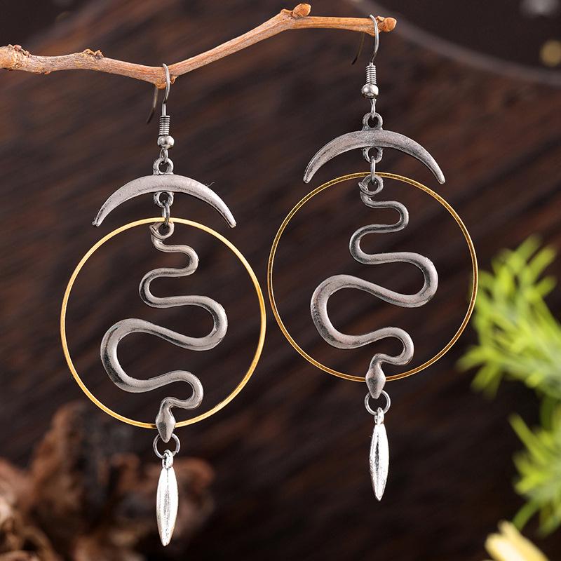 Gothic Punk Demon Eye Moon Earrings - Ancient Silver, Halloween Accessory, Long Metal Design