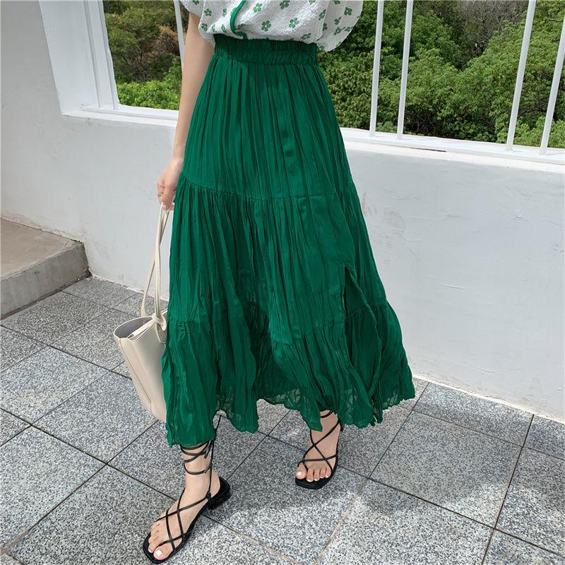 

Летняя дизайнерская нишевая однотонная шифоновая юбка миди для женщин с разрезом, плиссированная, А-силуэта, юбка-зонт one size