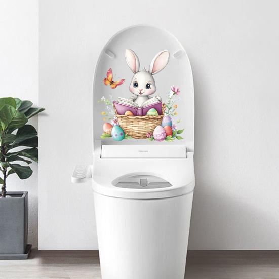 Paas Leuke Konijn Toilet Sticker Waterdichte Toiletbril Deksel Sticker Cartoon Konijn in Vlechtmand Lezend Toiletbril Cover Sticker voor Badkamer Huis