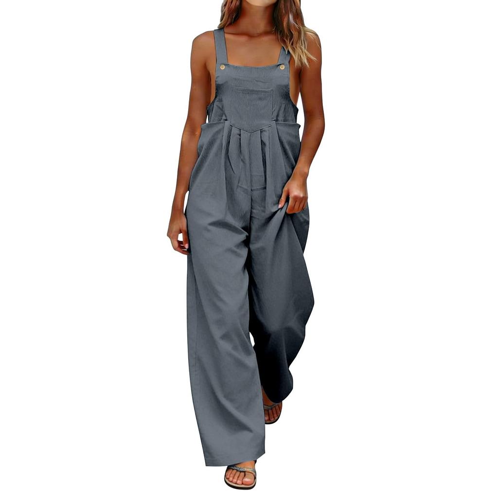 Women's Fashionable Color Sleeveless Casual Wide Leg Loose Jumpsuit With Pocket
