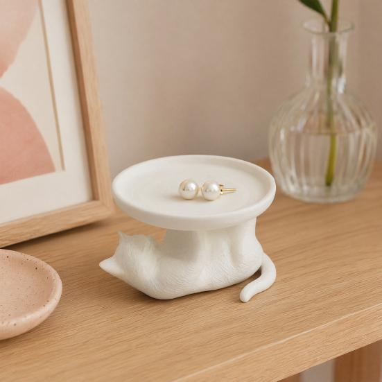 Jijijing 3D Printed Reclining Cat Jewelry Tray, Cute Ring Holder & Earring Organizer Dish for Dresser Vanity, Decorative Kitten Trinket Bracelets