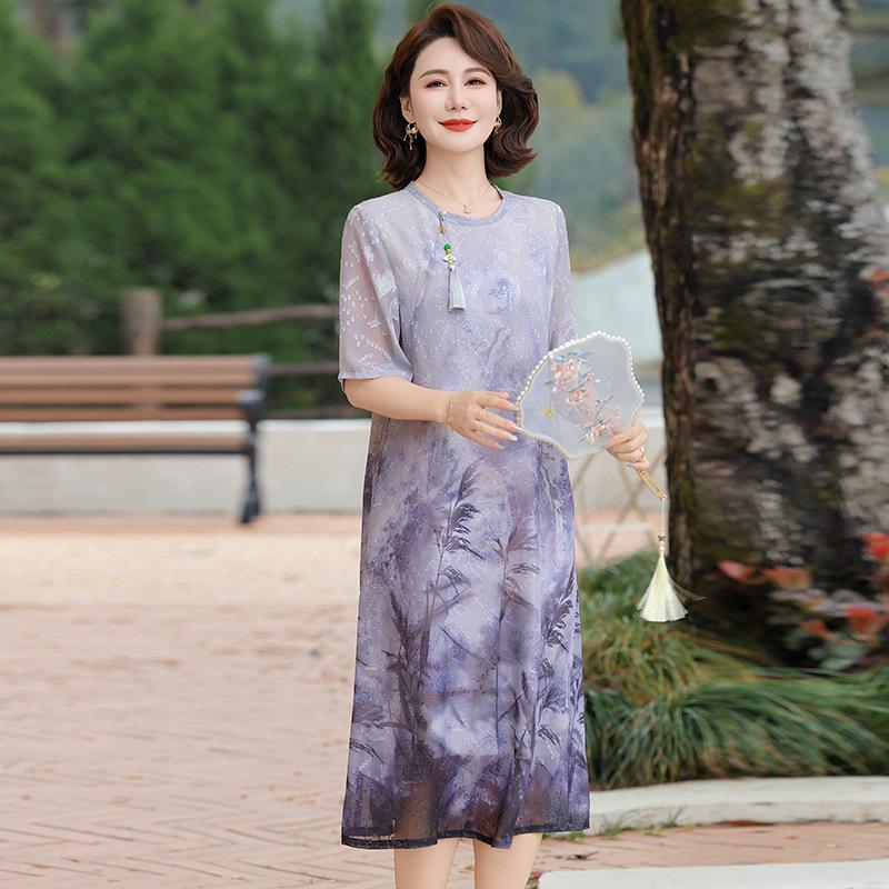 

Chinese-style summer dress for mothers, lightweight and stylish, 2026 new women s clothing, traditional straight-cut long dress XL【Suggestions90-110abo фиолетовый