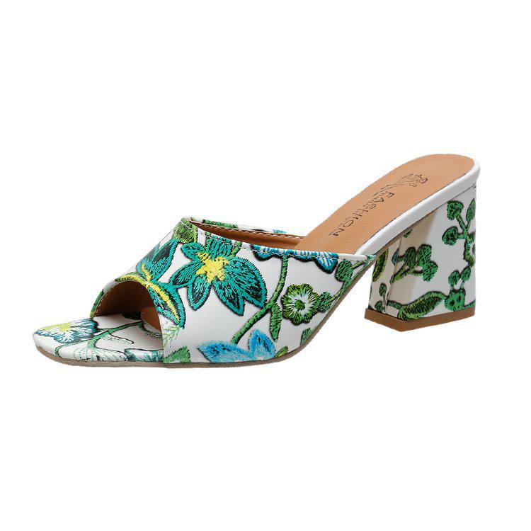 2024 European-American Style Women's Round Toe High Heel Slip-On Graffiti Sandals