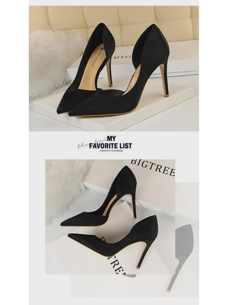 European & American Style Satin Stiletto Heels – Pointed, Shallow, Side Hollow Design for a Sexy Nightclub Look, Slim Fit Women's High Heels