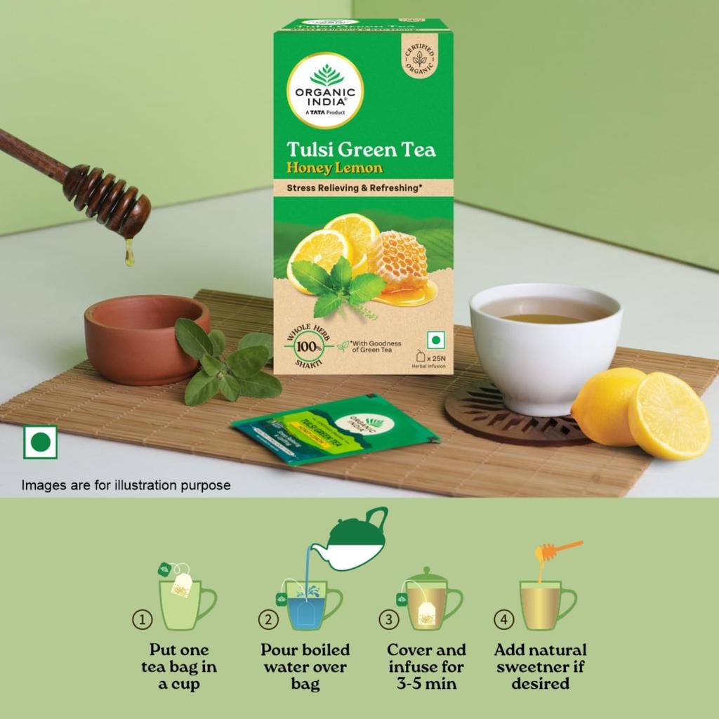 ORGANIC INDIA Tulsi Green Tea Honey Lemon 25 Teabags | Antioxidant-Rich Herbal Tea for Immune Support