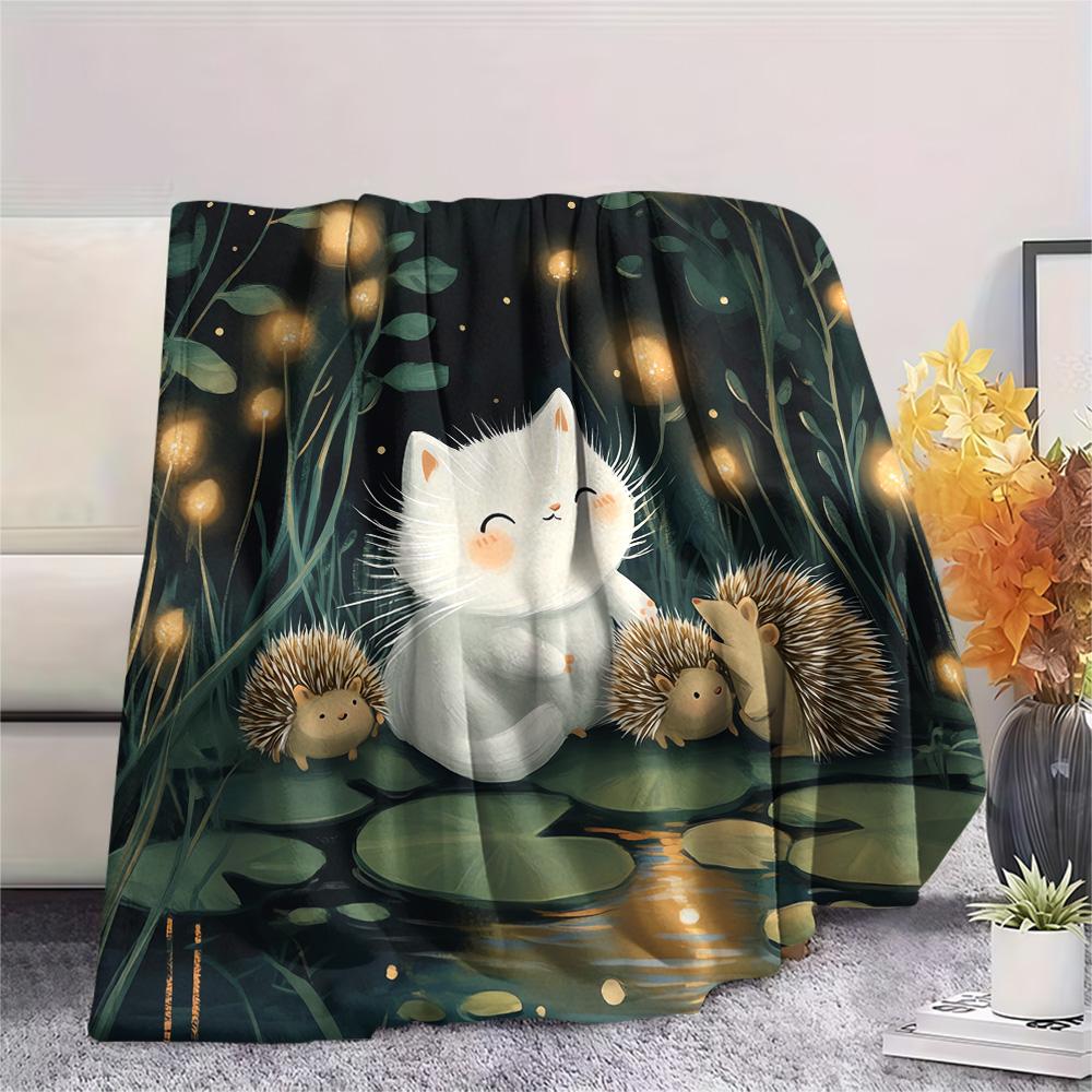Weiße Katzen-Print Flanelldecke, Hohe Qualität, Bequem für alle Jahreszeiten, Heimdekoration, Wärme und Komfort, Perfekt für Weihnachtsgeschenke