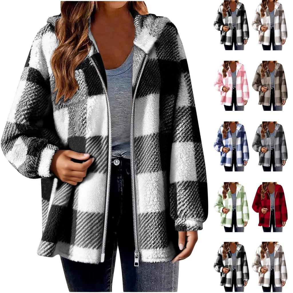 Women's Plaid Zipper Loose Plush Casual Jacket