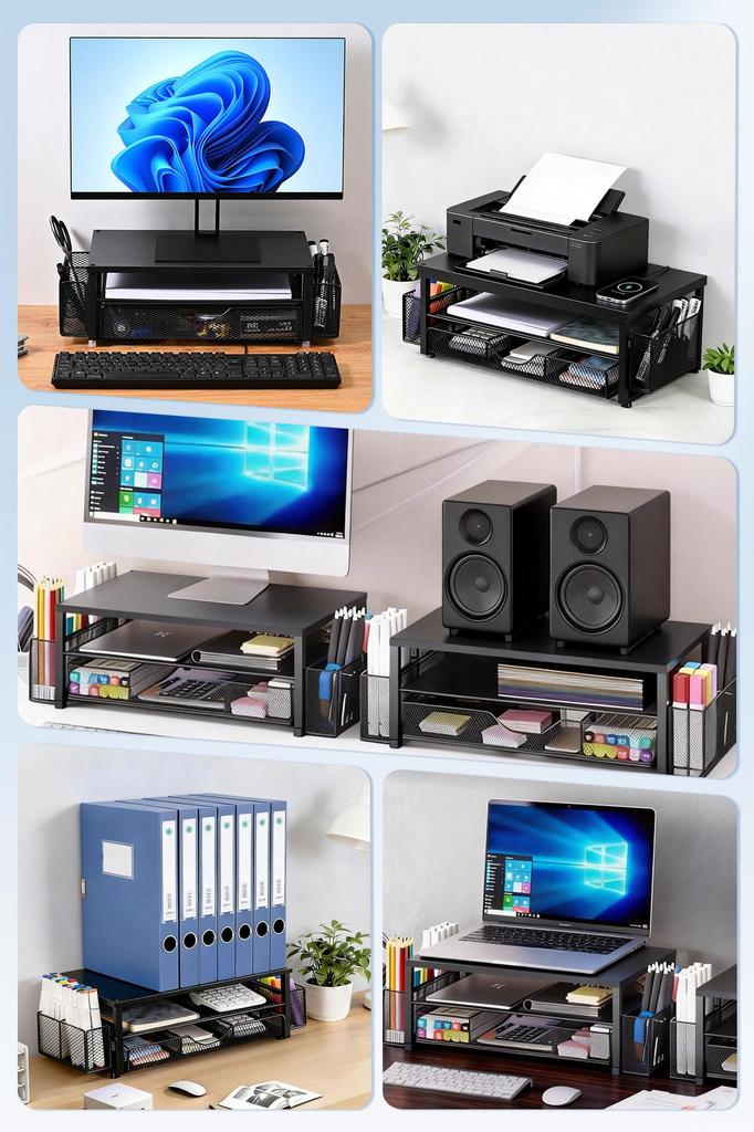 DCGLA Monitor Stand, Desktop Stand, 3-Tier Storage, Drawer Storage, 2 Hanger Baskets, Drawer Dividers, 50kg Weight Capacity, Installation Instructions