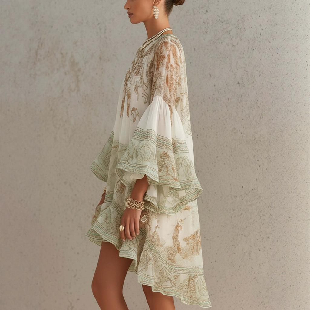 New European and American Style Printed Ruffled Dress for Women, Vacation Style, Loose, Flowing, and Fashionable Short Skirt