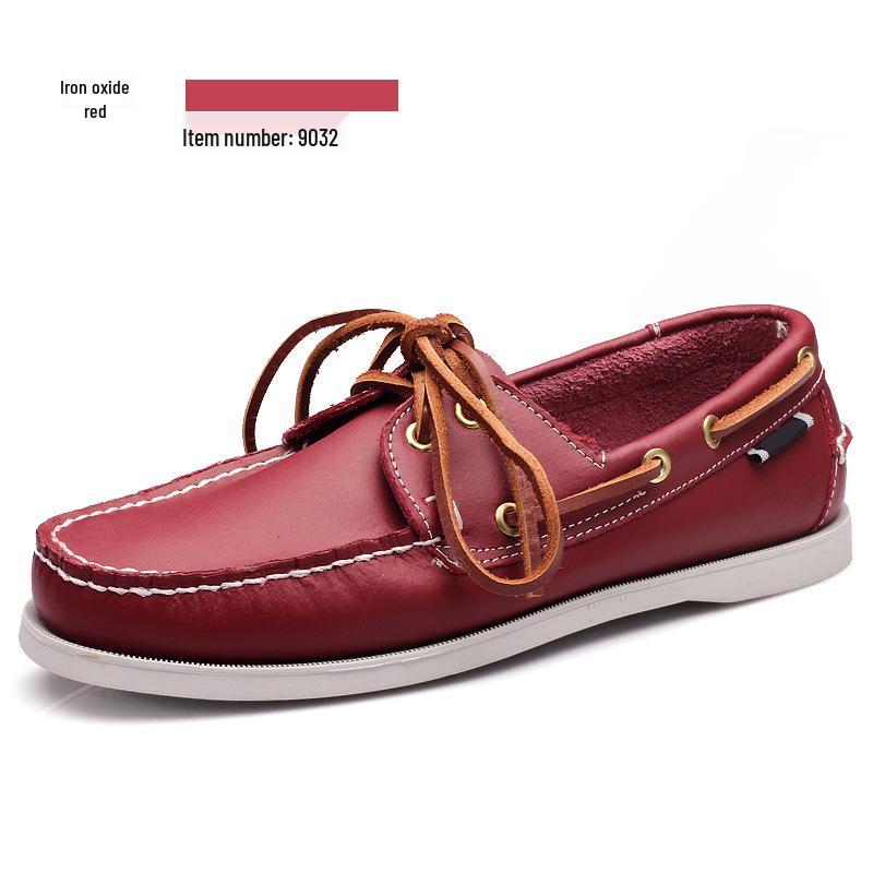 Plus Size Men's Casual Lace-Up Genuine Leather Boat Shoes with Rubber Sole for Driving