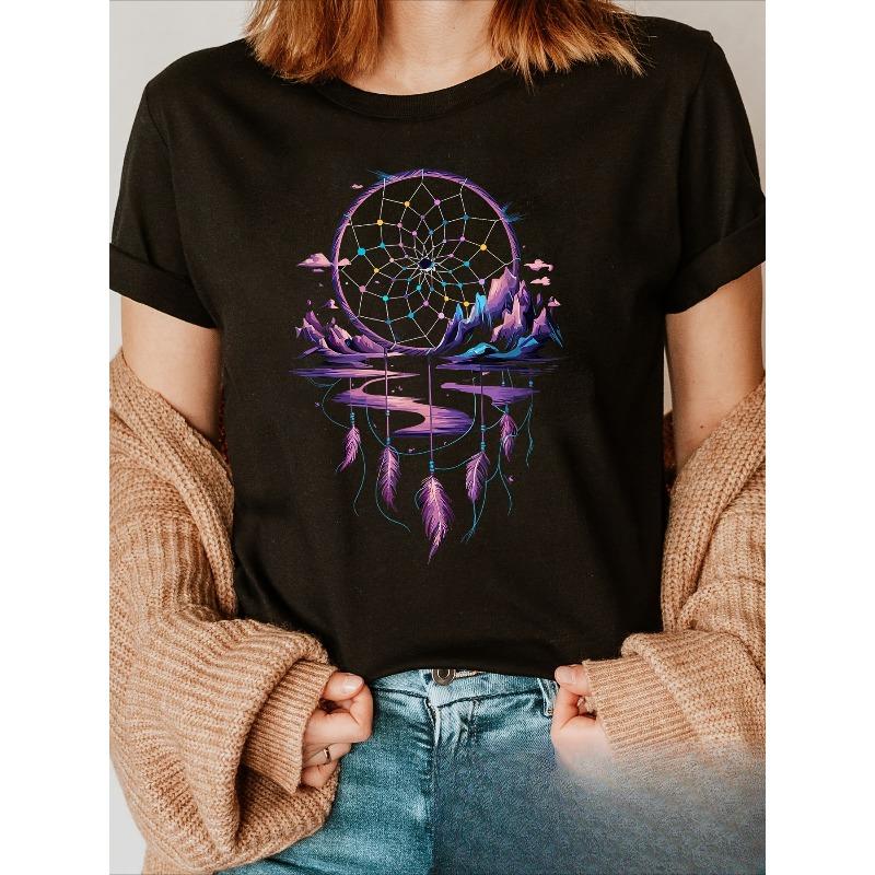 

European sizes Directional Purple Mountain And Water, Surreal Print T-Shirt, Short Sleeve Crew Neck Casual Top for Summer And Spring, Women S Apparel 4XL