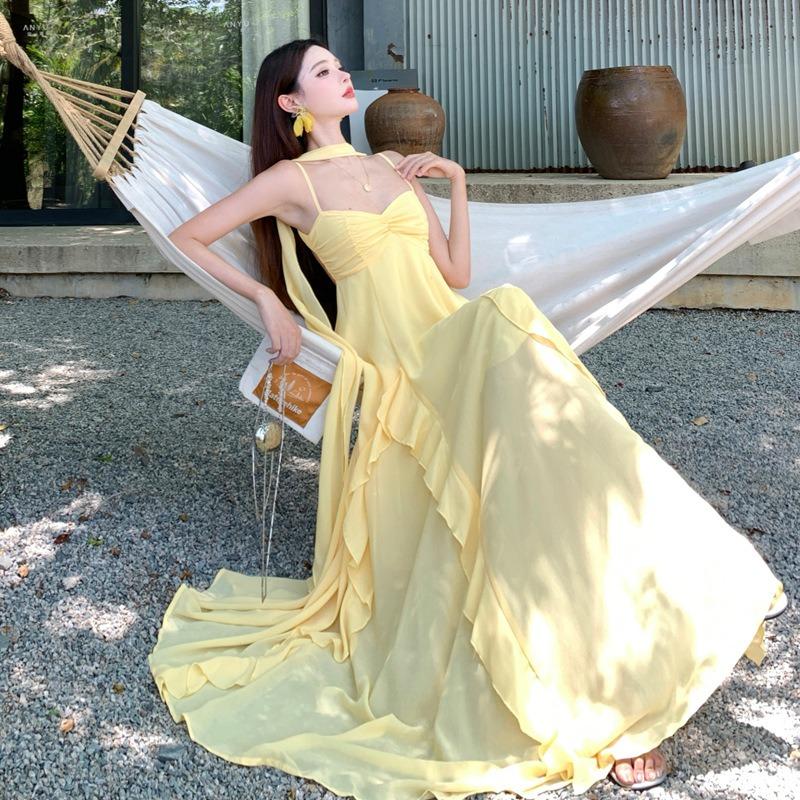 Sexy Backless Long Dress Seaside Vacation Dress Travel Wear Photo Dress Ruffle Edge Beach Dress