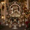 Festive Window Display Christmas Wind Chime with Crystal Bead Chain, Cat Car/Owl Xmas Vintage Train Pendant Pattern Design, Retro Hanging Ornament for