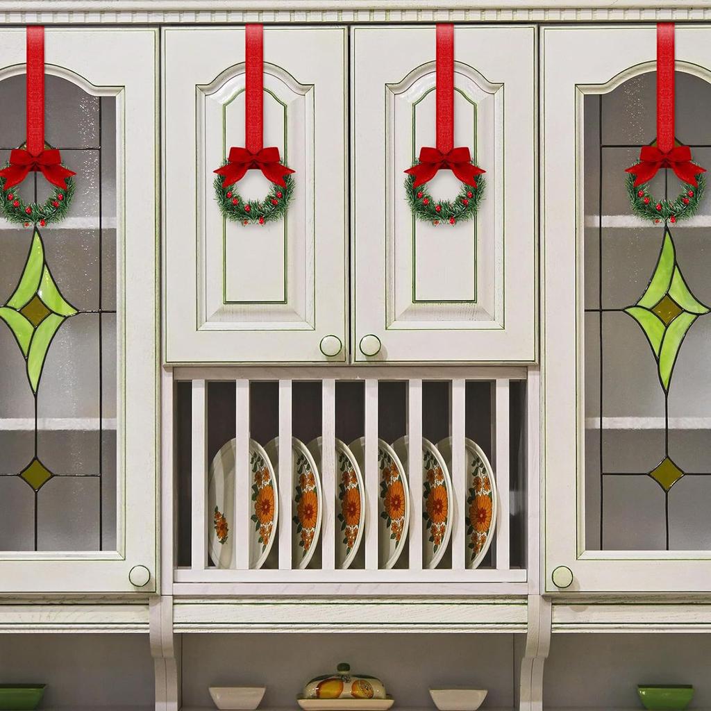 12Pcs Artificial Wreath 13cm Small Christmas Wreaths Ribbon Bows Wreath for Front Door Kitchen Cabinets Wall Window