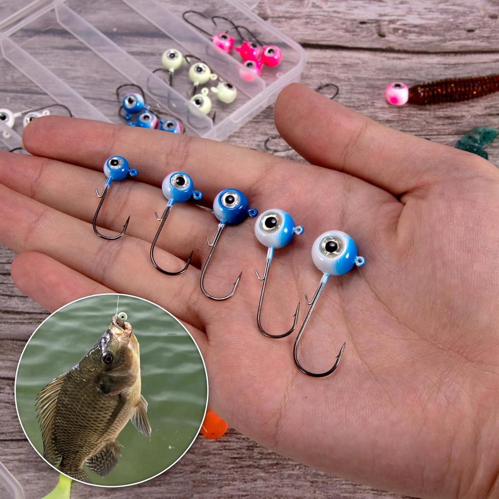 Alownder 20-Pack Fishing Walleye Jig Heads with 3D Holographic Eyes, Round Jig Heads Saltwater Freshwater Walleye jigs Live Bait jigs Bass Trout