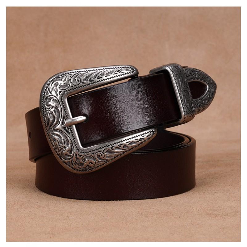 Womens Genuine Leather Belt With Vintage Carved Y2K Rivet Decor Slim Waistband Jeans Blazers