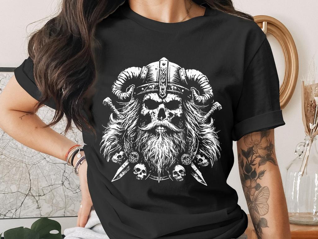 Viking Skull T-Shirt, Norse Mythology Tee, Horned Helmet Warrior Valhalla Skull Graphic, Pagan Goth Apparel Gift