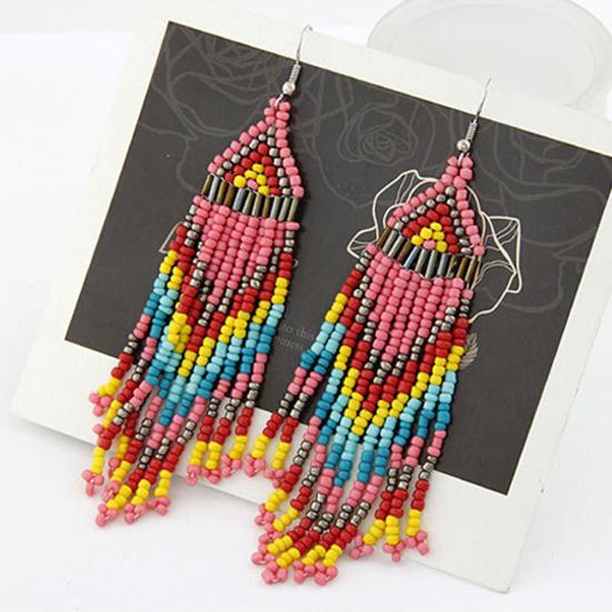 Women Bohemian Long Beaded Tassel Drop Dangle Hook Earrings Party Jewelry Gift