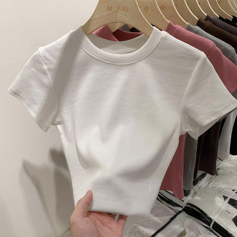 Dopamine Thread Slimming Women's Summer Short Sleeve T-Shirt – Versatile Straight Shoulder Round Neck