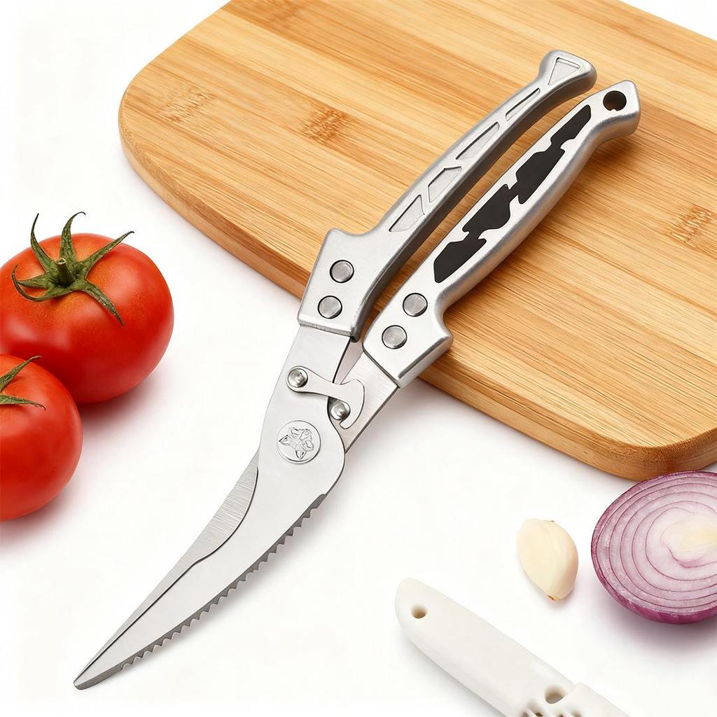 New Stainless Steel Automatic Rebound Kitchen Shears - Multifunctional Deboning and Barbecue Tool for Chicken Bones.