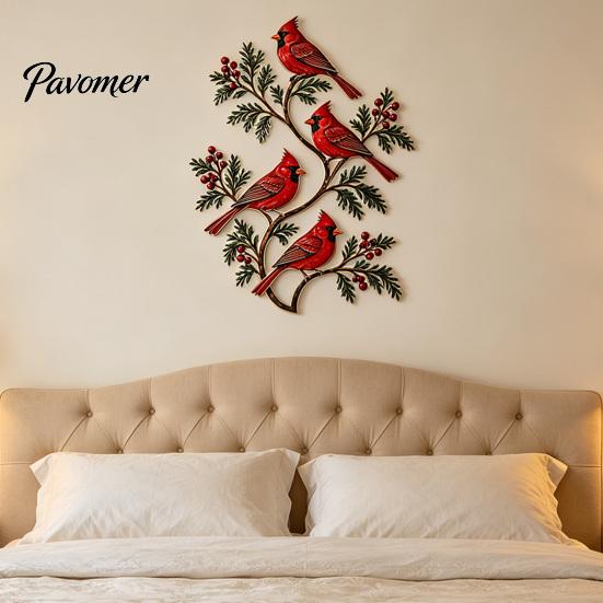 Weather Resistant Metal Decor Bird Wall Decor, Red & Chickadee Sculpture with Branches and Decorative Accents for Balcony Berries, 2D Iron Art Hanging