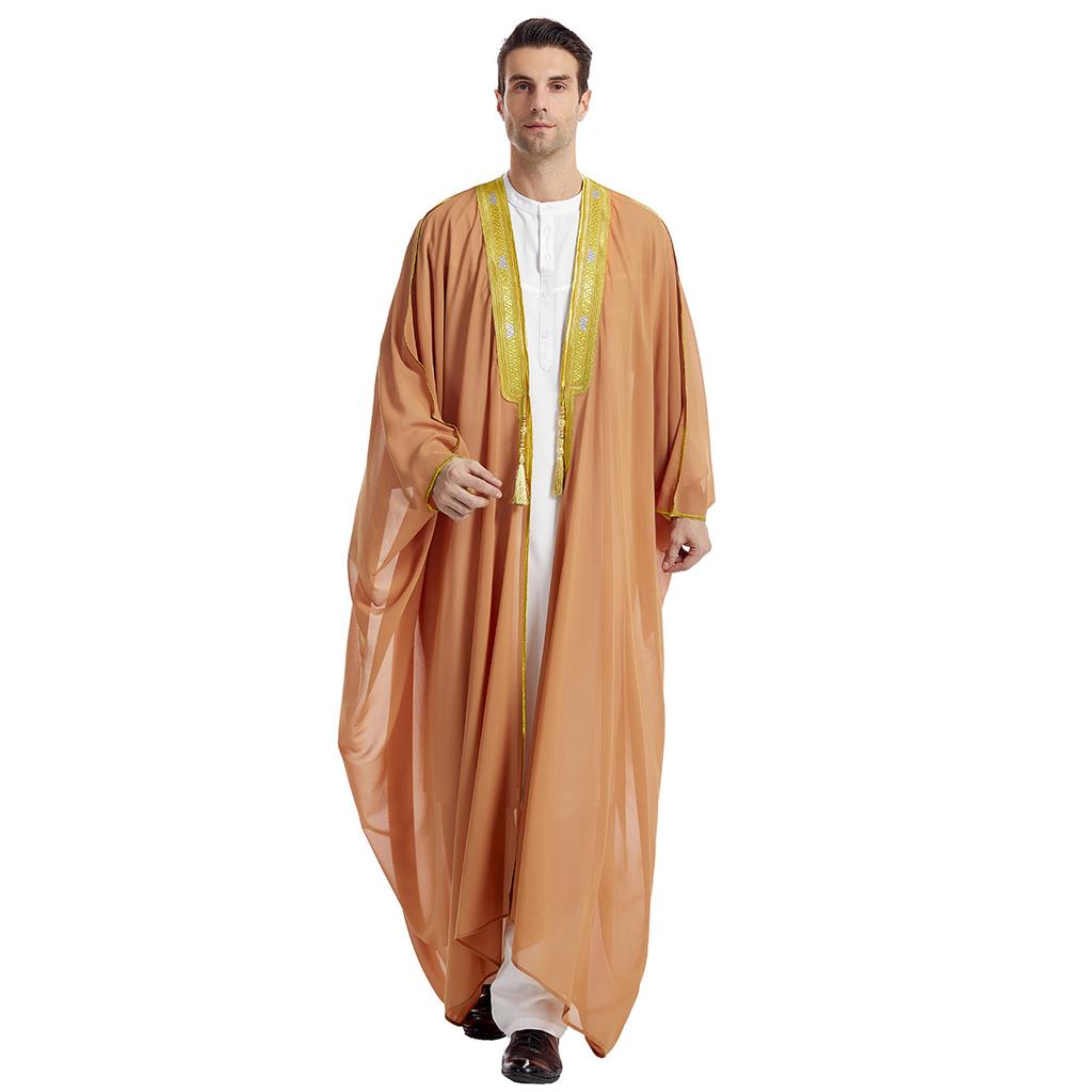 Men's Loose Long Robe Vintage Long Sleeve Cloak Embroidery Tassel Chiffon Cardigan Single Outerwear Traditional Casual Open Front Long Gown
