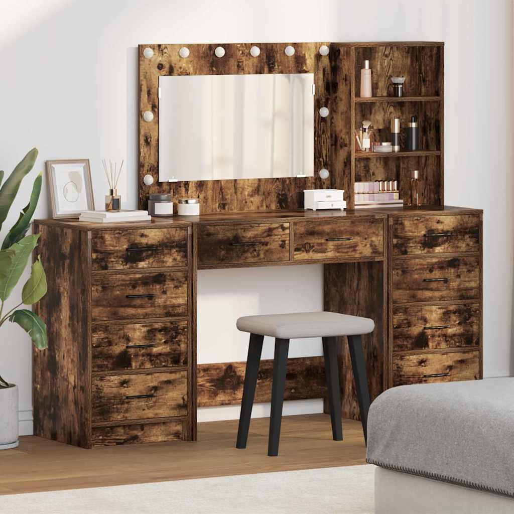Makeup Table with Shelf 3 pcs Smoked Oak Wood Based Material