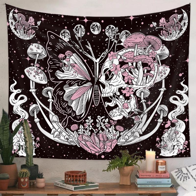 Bohemian Tapestry Wall Hanging with Skull Mushroom Design Ins Style Decorative Fabric for Bedroom Living Room Dorm Background