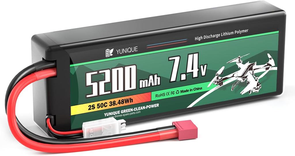 Lipo Battery 2S 7.4V 5200mAh 50C with T-Plug Connector – High Power for RC Models – Hard Case, Silicone Wire