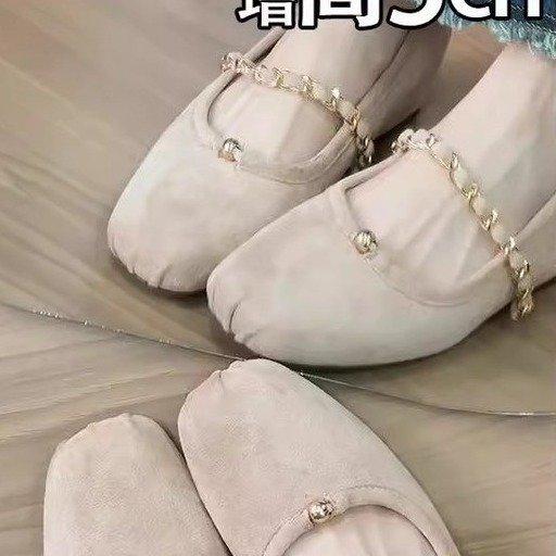 Small man inner height increase 5cm retro Mary Jane shoes women's 2025 metal chain temperament shallow mouth ballet shoes