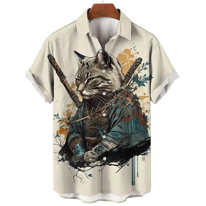 Vintage Cat Swordsman 3D Printed Shirts For Men Clothes Funny Animal Graphic Blouses Casual Mens Lapel Blouse Summer Button Tops