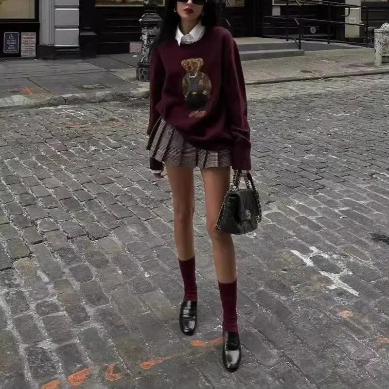 Winter Women's Sweater Clothing Bear Embroidery Round Neck Slim Fit Sweater Cartoon College Style Knitted Oversized Y2k