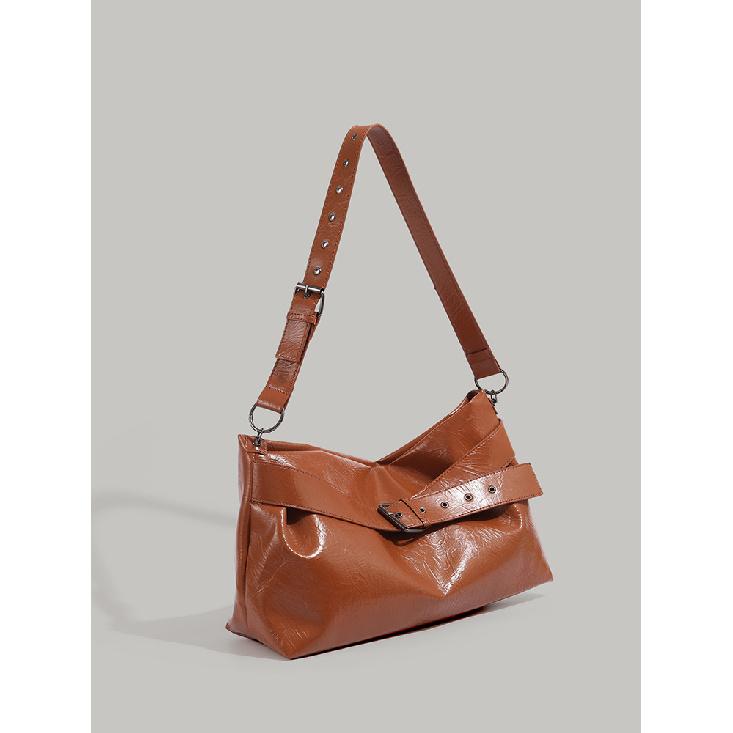 

2024 New Large Capacity Belt Decorated Wide Shoulder Strap Single Shoulder Crossbody Bag Lazy Style Relaxed Feel Motorcycle Tote Bag коричневый