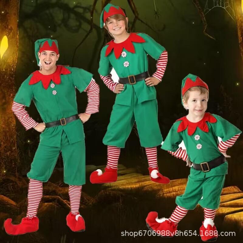 Christmas Costume Children's Christmas Elf Cosplay Costume Boys and Girls Adult Green Elf Christmas Ball Party