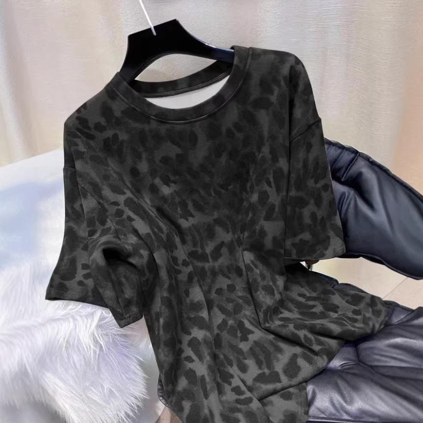 Женский топ с леопардовым принтом, свободный, корейский стиль, короткий рукав X-Large чёрный