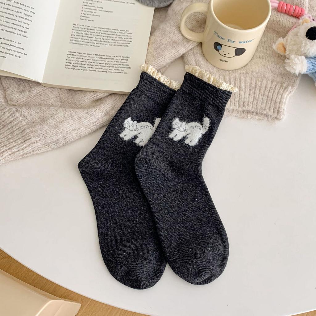 Socks Female Flocking Cartoon Kitten Contrast Color Lace Medium Tube Stacking Socks Female